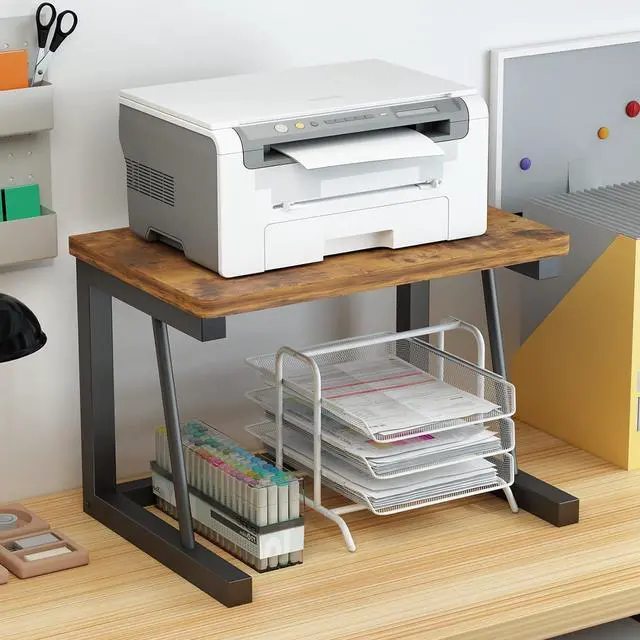 Alt view image 3 of 7 - Desktop Printer Stand, 2-Tier Wood Rustic Printer Shelf for 3D & Laser Printer, Scanner, Copier, Durable Small Space Storage Organizer for Home Office Kitchen (2-Tier, Brown)