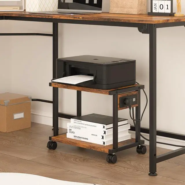Alt view image 2 of 7 - Printer Table with Charging Station for Home Office Organization, 2 Tier Small Printer Stand with Wheels for Printer, Scanner, Under or Beside Desk Printer Storage Cart Rustic Brown