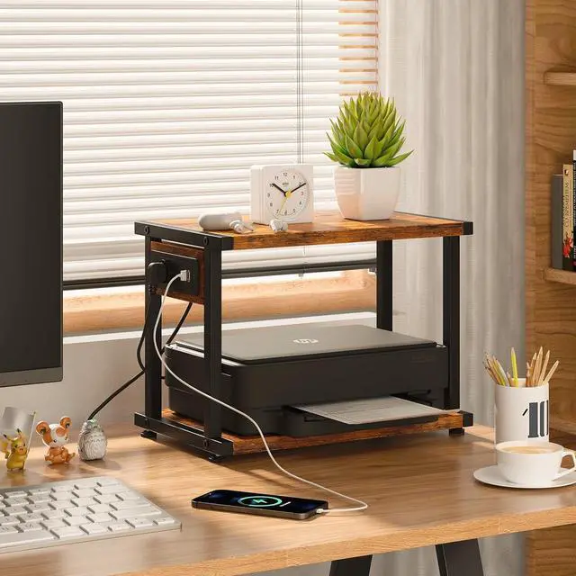 Alt view image 4 of 7 - Printer Table with Charging Station for Home Office Organization, 2 Tier Small Printer Stand with Wheels for Printer, Scanner, Under or Beside Desk Printer Storage Cart Rustic Brown