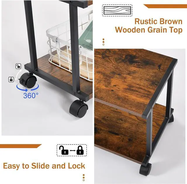Alt view image 6 of 7 - Printer Table with Charging Station for Home Office Organization, 2 Tier Small Printer Stand with Wheels for Printer, Scanner, Under or Beside Desk Printer Storage Cart Rustic Brown