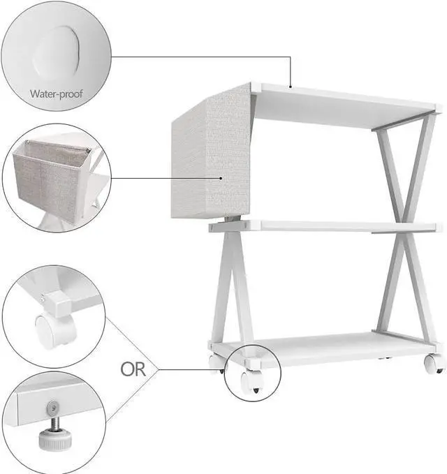 Alt view image 4 of 7 - VEDECASA White Mobile Printer Stand 3 Tier Wood Shelf Metal Frame Printer Cart with Storage Bag for Home Office Modern Under Desk Table Side Printer Cart with Rolling Caster Wheel