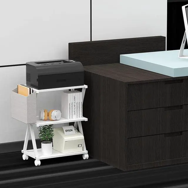 Alt view image 6 of 7 - VEDECASA White Mobile Printer Stand 3 Tier Wood Shelf Metal Frame Printer Cart with Storage Bag for Home Office Modern Under Desk Table Side Printer Cart with Rolling Caster Wheel
