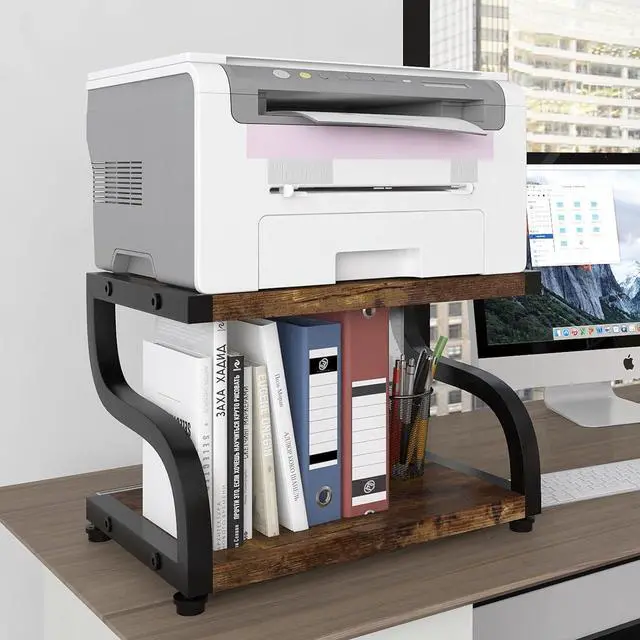 Alt view image 7 of 7 - PUNCIA 2 Tiers Small Retro Wood Home Office Desktop Printer Stand Laser Printer Copier Stand with Storage Rustic Tabletop Heavy Duty Organizer Rack Shelf Desk Dual for Small Space Double Tiers Tray