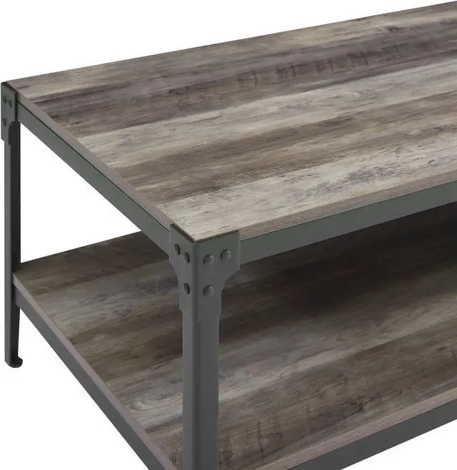 Alt view image 5 of 5 - Walker Edison Angle Iron Rustic Wood Coffee Table - Grey Wash