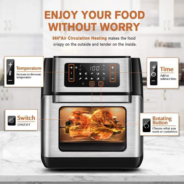 Alt view image 3 of 8 - CROWNFUL 10.6 Quart Air Fryer, 10-in-1 Air Fryer Toaster Oven, Convection Roaster with Rotisserie and Dehydrator, Digital LCD Touch Screen, Accessories and Recipe Included