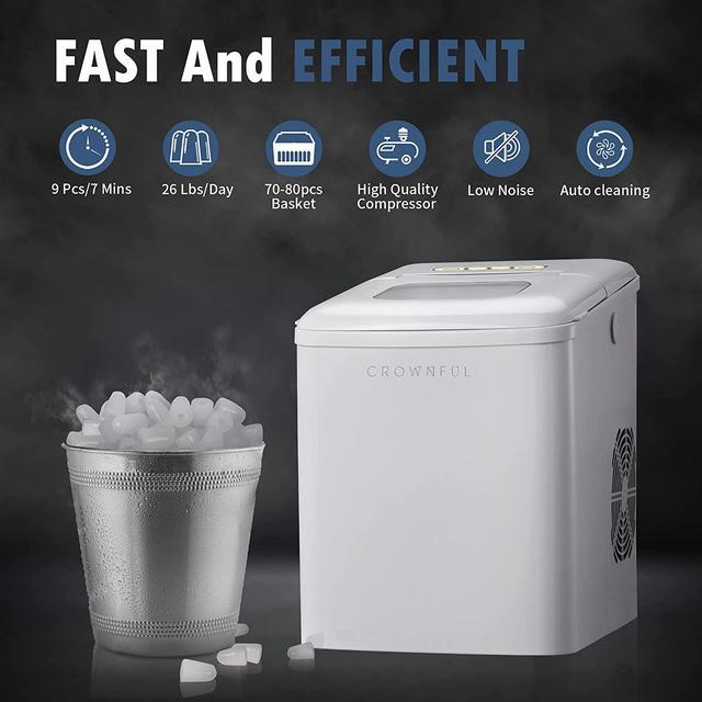 CROWNFUL Ice Maker Machine for Countertop, 9 Bullet Ice Cubes S/L Ready in  7 Minutes, 26lbs/24H, Auto self-Cleaning, Portable Small Ice Maker with  Scoop and Basket, Silver