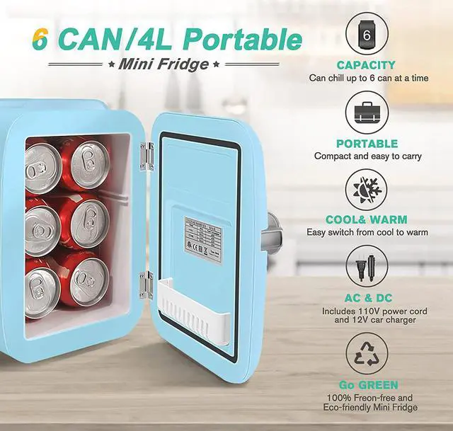 Alt view image 2 of 7 - CROWNFUL Mini Fridge, 4 Liter/6 Can Portable Cooler and Warmer Personal Refrigerator for Skin Care, Cosmetics, Beverage, Food,Great for Bedroom, Office, Car, Dorm, ETL Listed Blue