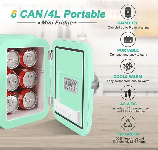 Alt view image 2 of 7 - CROWNFUL Mini Fridge, 4 Liter/6 Can Portable Cooler and Warmer Personal Refrigerator for Skin Care, Cosmetics, Beverage, Food,Great for Bedroom, Office, Car, Dorm, ETL Listed Green
