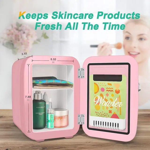 Alt view image 4 of 7 - CROWNFUL Mini Fridge, 4 Liter/6 Can Portable Cooler and Warmer Personal Refrigerator for Skin Care, Cosmetics, Beverage, Food,Great for Bedroom, Office, Car, Dorm, ETL Listed Pink