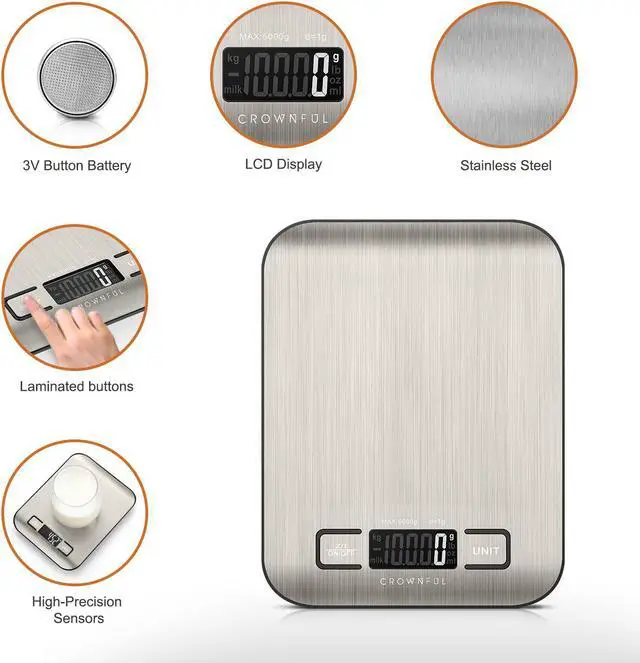 Alt view image 3 of 7 - CROWNFUL Food Scale, 11lb Digital Kitchen Scales Weight Ounces and Grams for Cooking and Baking, 6 Units with Tare Function (Battery Included)