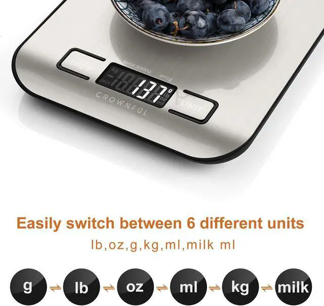 Alt view image 2 of 7 - CROWNFUL Food Scale, 11lb Digital Kitchen Scales Weight Ounces and Grams for Cooking and Baking, 6 Units with Tare Function (Battery Included)