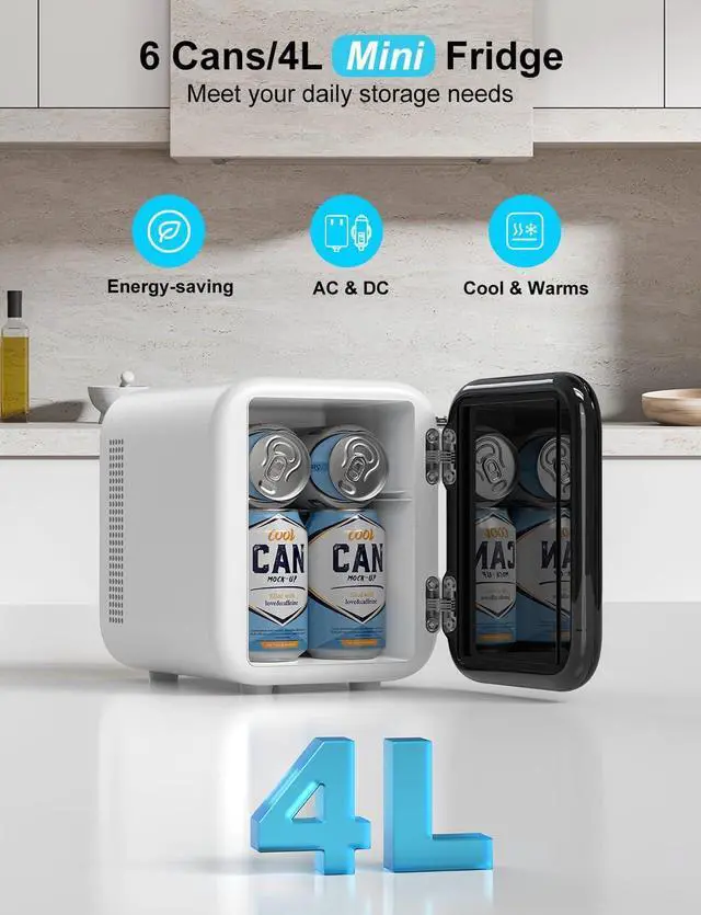 Alt view image 2 of 7 - CROWNFUL Mini Fridge, 4 Liter/6 Cans Portable Skincare Fridge, AC/12V DC Cooler and Warmer Personal Refrigerator for Bedroom, Car, Dorm, Office, Food, ETL Listed Black Black