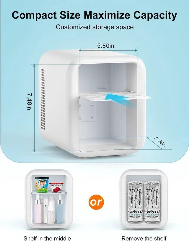 Alt view image 7 of 7 - CROWNFUL Mini Fridge, 4 Liter/6 Cans Portable Skincare Fridge, AC/12V DC Cooler and Warmer Personal Refrigerator for Bedroom, Car, Dorm, Office, Food, ETL Listed Black Black