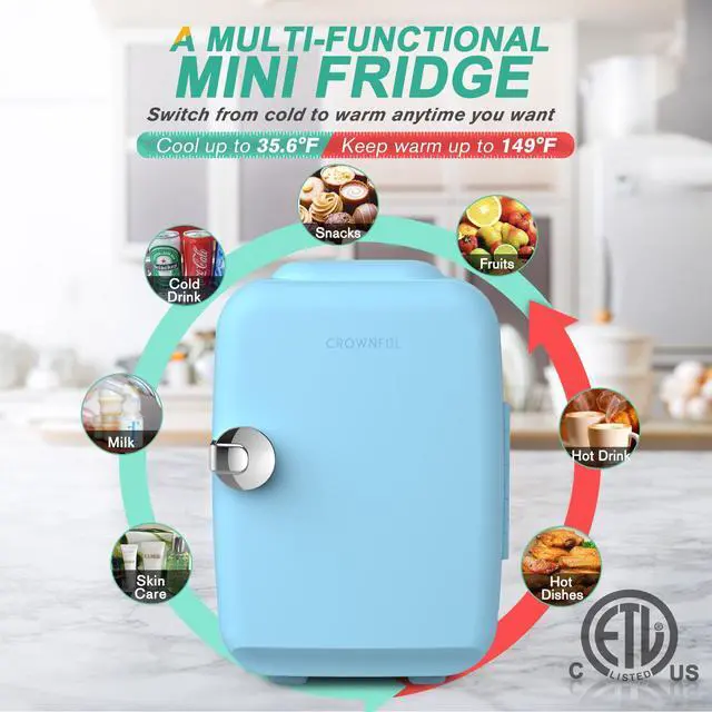 Alt view image 3 of 7 - CROWNFUL Mini Fridge, 4 Liter/6 Can Portable Cooler and Warmer Personal Refrigerator for Skin Care, Cosmetics, Beverage, Food,Great for Bedroom, Office, Car, Dorm, ETL Listed Blue
