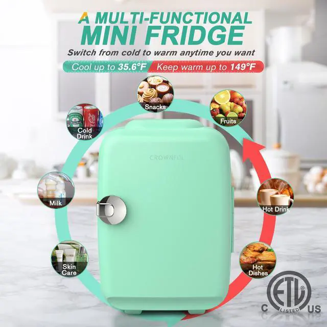Alt view image 7 of 7 - CROWNFUL Mini Fridge, 4 Liter/6 Can Portable Cooler and Warmer Personal Refrigerator for Skin Care, Cosmetics, Beverage, Food,Great for Bedroom, Office, Car, Dorm, ETL Listed Green