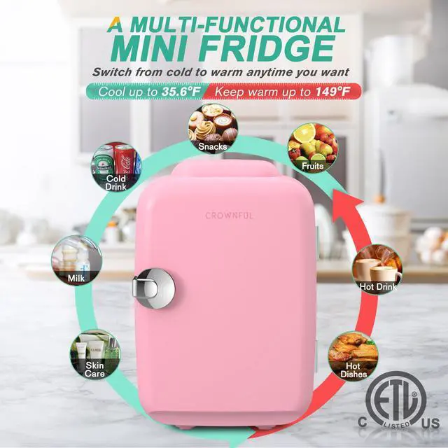 Alt view image 3 of 7 - CROWNFUL Mini Fridge, 4 Liter/6 Can Portable Cooler and Warmer Personal Refrigerator for Skin Care, Cosmetics, Beverage, Food,Great for Bedroom, Office, Car, Dorm, ETL Listed Pink