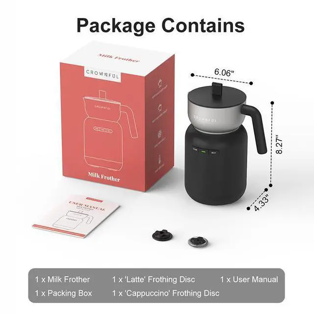 Alt view image 7 of 7 - CROWNFUL Commercial Grade Milk Frother and Steamer, 5-in-1 Electric Frother w/ Temperature Control, Dishwasher Safe, Auto Shut-Off for Latte, Cappuccino, Coffee, Macchiato