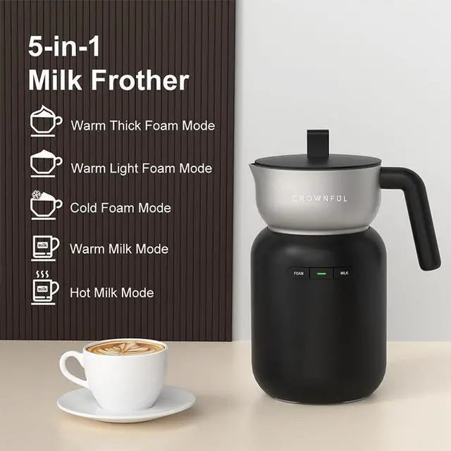 Alt view image 2 of 7 - CROWNFUL Commercial Grade Milk Frother and Steamer, 5-in-1 Electric Frother w/ Temperature Control, Dishwasher Safe, Auto Shut-Off for Latte, Cappuccino, Coffee, Macchiato