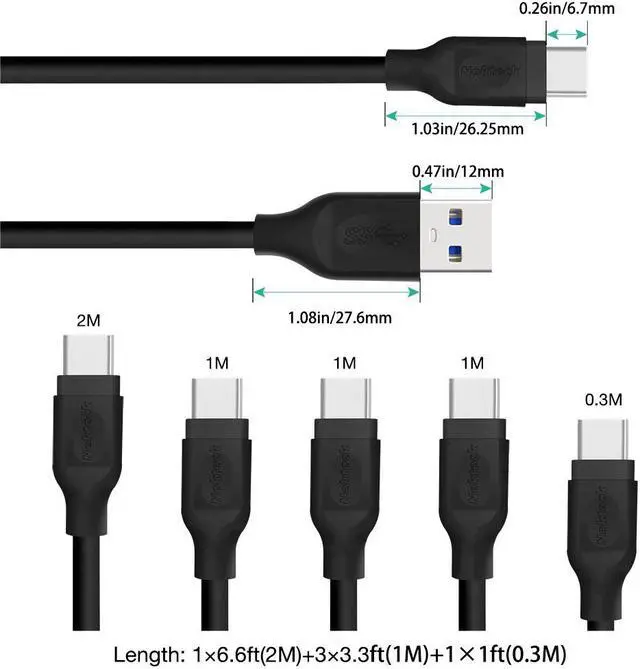 Alt view image 4 of 7 - Nekteck USB C Cable, Type C to USB 3.0 Type A Male Data & Charging Cord 5 Pack[ 1ft x 1, 3ft x 3, 6ft x 1]with 56k ohm resistor Galaxy S9/S9 Plus, S8/S8 Plus, Note8, Pixel 2 XL