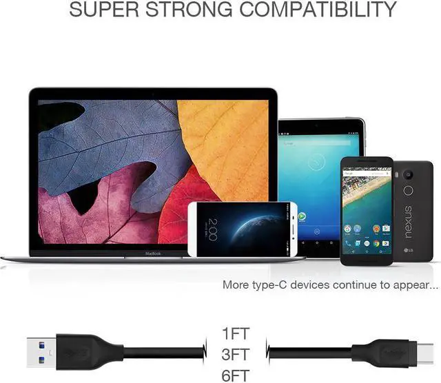 Alt view image 6 of 7 - Nekteck USB C Cable, Type C to USB 3.0 Type A Male Data & Charging Cord 5 Pack[ 1ft x 1, 3ft x 3, 6ft x 1]with 56k ohm resistor Galaxy S9/S9 Plus, S8/S8 Plus, Note8, Pixel 2 XL