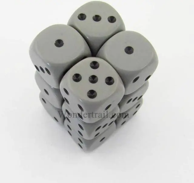 Main image of Gray Opaque D6 Dice with Black Pips 16mm (5/8in) Pack of 12 Dice Chessex