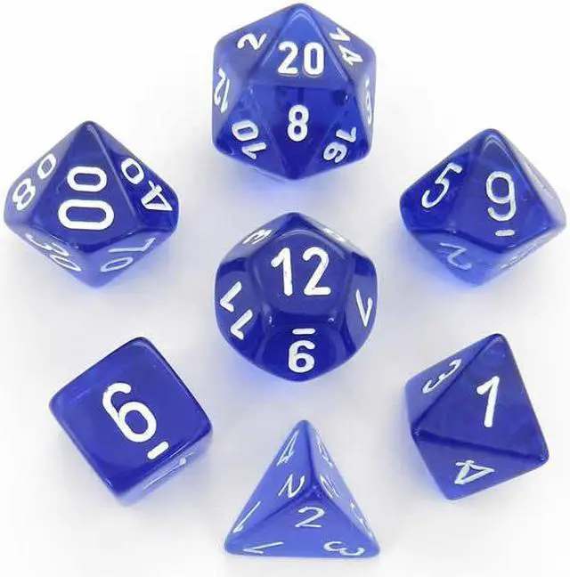 Alt view image 2 of 4 - 7 Set Cube Translucent Blue Dice White Numbered Durable Standard Size Chessex Manufacturing