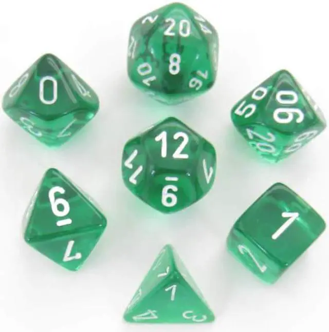 Main image of 7 Set Cube Translucent Polyhedral Green Dice White Numbered Durable Standard Size Chessex Manufacturing
