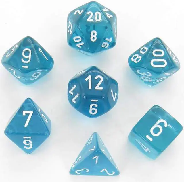 Main image of 7 Set Cube Translucent Polyhedral Teal & White Dice Transparent Durable Chessex Manufacturing