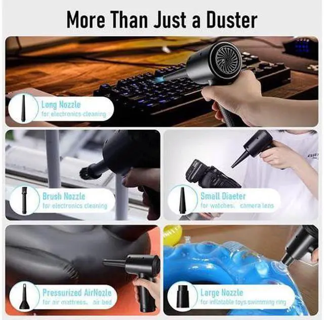 Alt view image 6 of 6 - Compressed Air Duster - 3 Gear Speed 55000 RPM 7600mAh 7.2KPA Electric Air Duster, Replaces Compressed Air Cans, Cordless air Blower Rechargeable for Cleaning Camera Computer, Household and Pet Hair