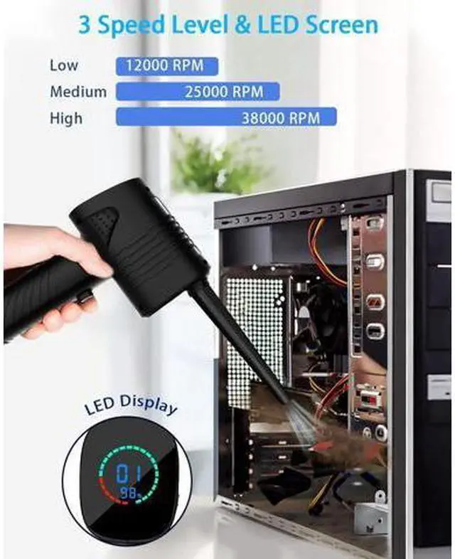 Alt view image 6 of 7 - Compressed Air Duster, 6000mAh 3-Gear to 40000 RPM Compressed Air Duster with LED Screen, Portable Electric Air Can, Cordless Blower Computer Cleaning Kit, Brushless motor, low noise