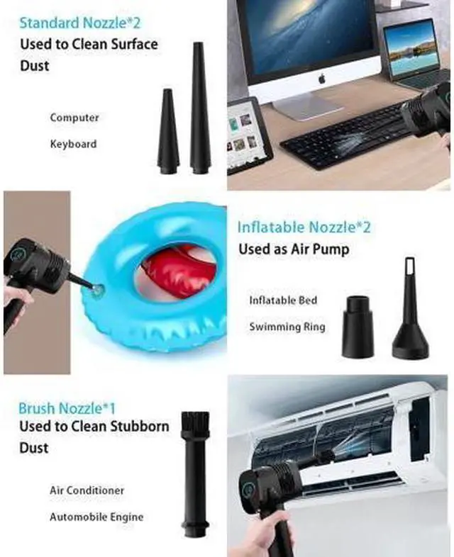 Alt view image 5 of 7 - Compressed Air Duster, 6000mAh 3-Gear to 40000 RPM Compressed Air Duster with LED Screen, Portable Electric Air Can, Cordless Blower Computer Cleaning Kit, Brushless motor, low noise