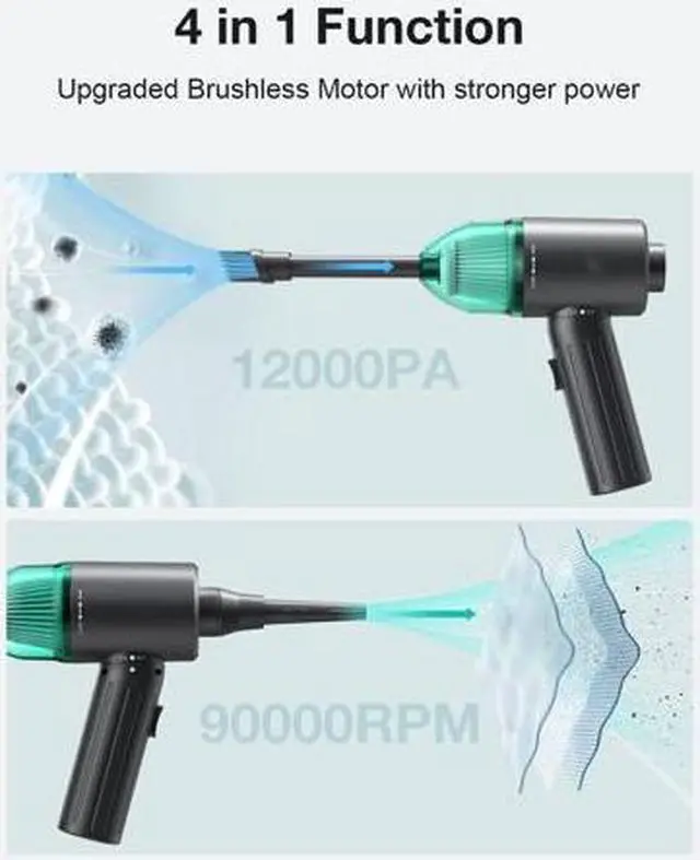 Alt view image 2 of 7 - Electric Compressed Air Duster & Vacuum, Electric Air Blower, 4 in 1 Function Powerful 3-Gear to 90000RPM/12000PA Keyboard Cleaner, Rechargeable Cordless Air Duster for Computer/Car/Pet Hair