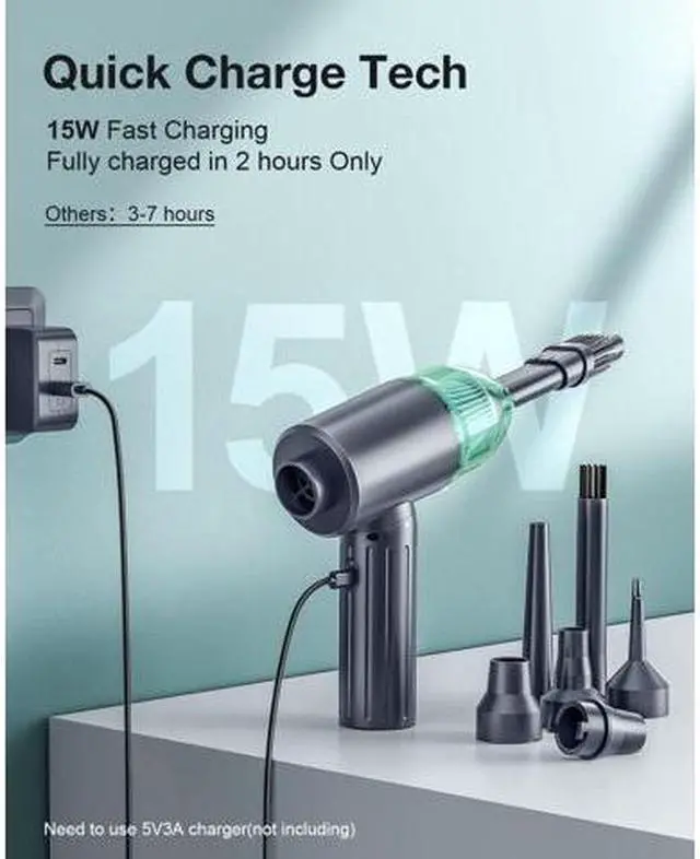 Alt view image 3 of 7 - Electric Compressed Air Duster & Vacuum, Electric Air Blower, 4 in 1 Function Powerful 3-Gear to 90000RPM/12000PA Keyboard Cleaner, Rechargeable Cordless Air Duster for Computer/Car/Pet Hair