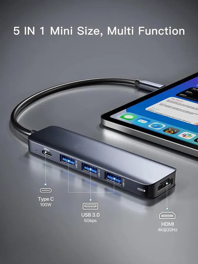 Alt view image 2 of 7 - USB C Hub HDMI, 5 in 1 USB C Hub Multiport Adapter with 4K HDMI, PD 100W Charging, 3 * 5Gbps USB 3.0 Data Ports, USB C to HDMI Splitter Compatible with MacBook Pro/Air
