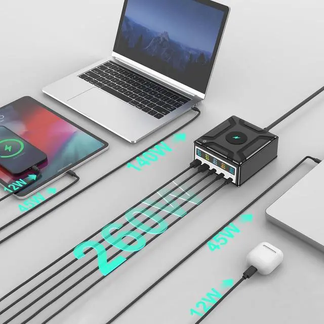 Alt view image 2 of 7 - GaN Charging Station for Multiple Devices, 260W 5-Ports Include 3USB-C + 2QC3.0 Ports + Wireless Fast Charging for Apple, Fit for all Mobile Phones Brand
