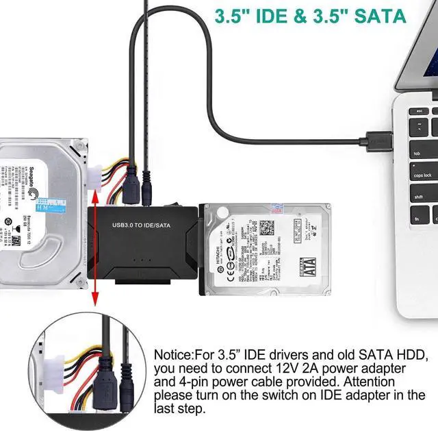 Alt view image 6 of 7 - USB 3.0 to IDE/SATA Converter Adapter with Power Switch for 2.5"/3.5" SATA/IDE/SSD Hard Drive Disks, Support 6TB, Include 12V 2APower Adapter & USB 3.0 Cable