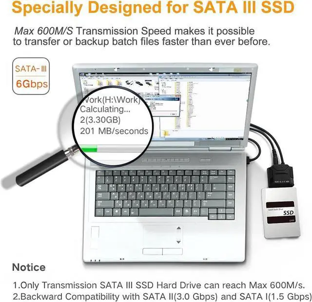 Alt view image 6 of 7 - USB 3.0 to SATA Adapter, SATA to USB 3.0 Cable, Compatible 2.5 inch 3.5 inch HDD SSD Hard Disk SATA III HDD Hard Disk Driver,with Power Adapter Included, Support UASP , Black