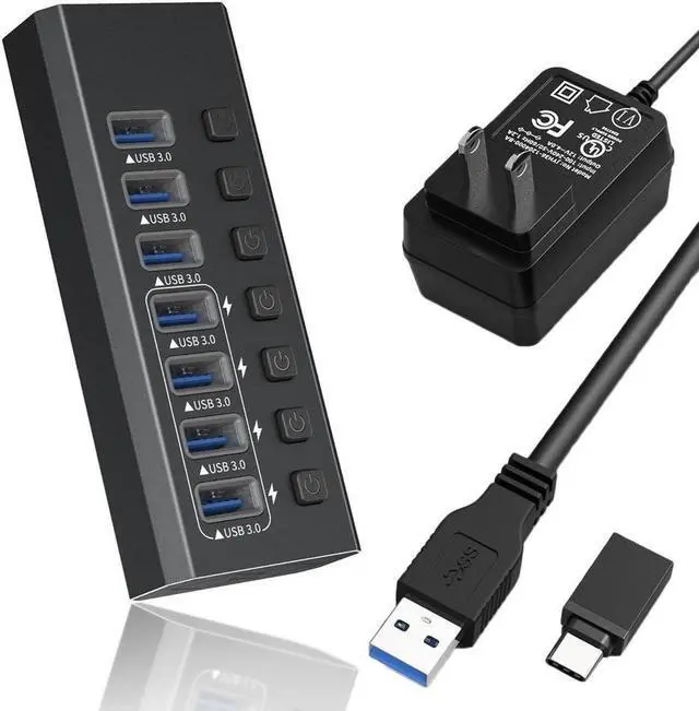 Main image of Powered USB Hub, 7-Port USB Splitter Hub (7 Data Transfer Ports+ 4 Smart Charging) with Individual LED On/Off Switches, USB Hub 3.0 Powered with Power Adapter for Mac, PC