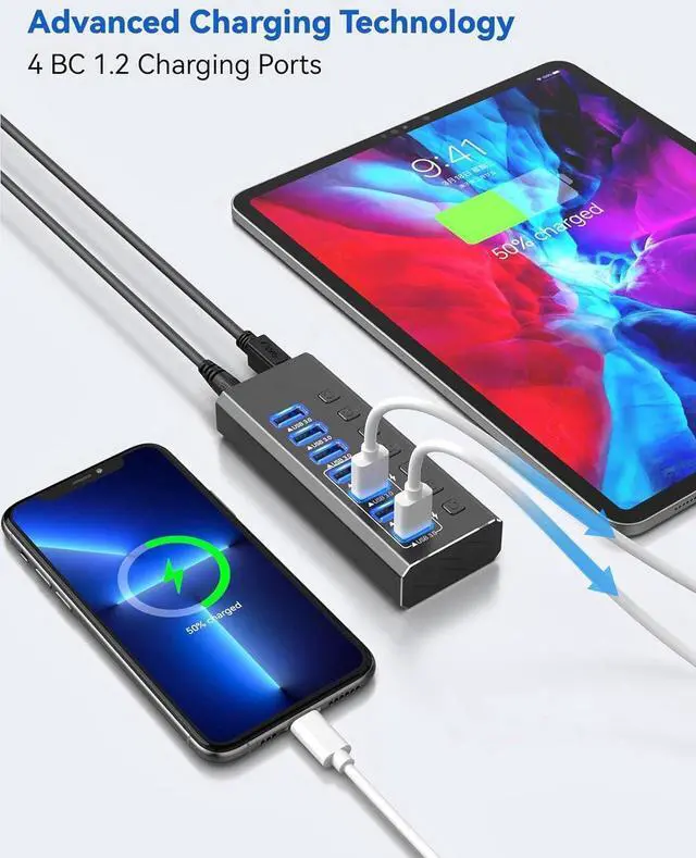 Alt view image 4 of 7 - Powered USB Hub, 7-Port USB Splitter Hub (7 Data Transfer Ports+ 4 Smart Charging) with Individual LED On/Off Switches, USB Hub 3.0 Powered with Power Adapter for Mac, PC
