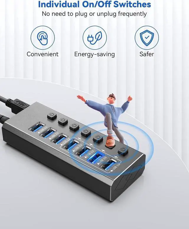 Alt view image 6 of 7 - Powered USB Hub, 7-Port USB Splitter Hub (7 Data Transfer Ports+ 4 Smart Charging) with Individual LED On/Off Switches, USB Hub 3.0 Powered with Power Adapter for Mac, PC