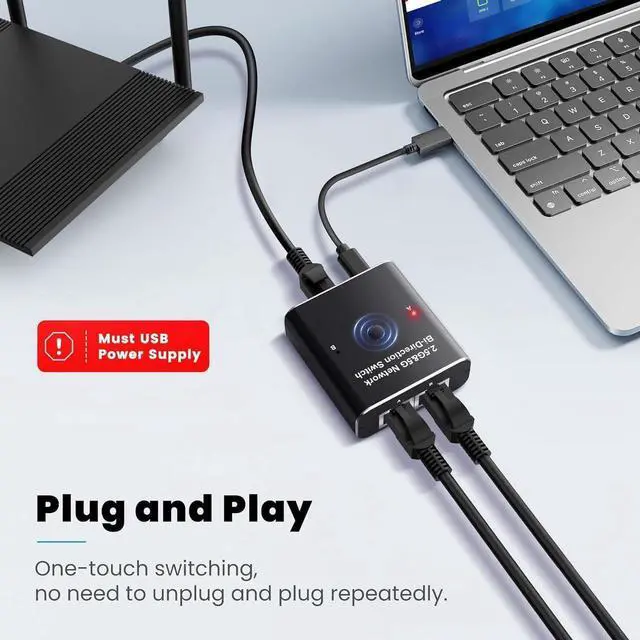 Alt view image 5 of 7 - 2 Ports 2.5G/5G Gigabit Network Switch,10/100/1000/10000Mbps 2 in 1 Out or 1 in 2 Out Two Way Switch Manual Pushbutton,RJ45 Internal External Networking Switcher Adapter for Cat5/5e/6/7/8 Cable