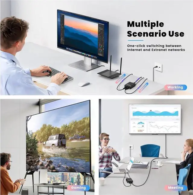 Alt view image 6 of 7 - 2 Ports 2.5G/5G Gigabit Network Switch,10/100/1000/10000Mbps 2 in 1 Out or 1 in 2 Out Two Way Switch Manual Pushbutton,RJ45 Internal External Networking Switcher Adapter for Cat5/5e/6/7/8 Cable