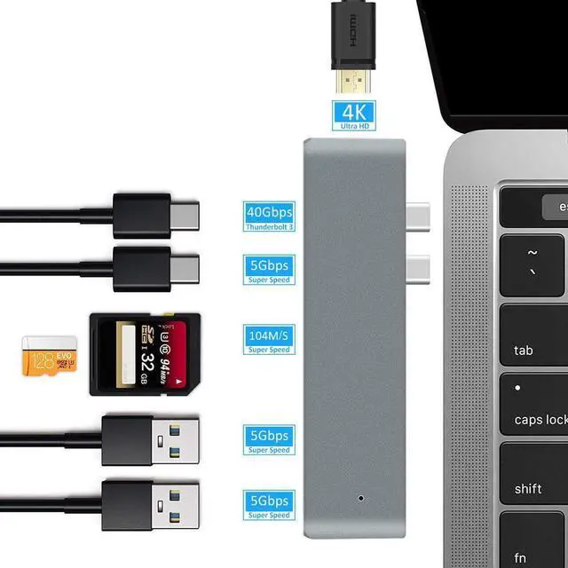Alt view image 3 of 7 - USB C Hub, Best Type-C Duo Adapter MacBook Pro 2016/2017/2018 13" 15", 7in2: USB-C Thunderbolt 3 100W Power Delivery, USB-C 40Gbps Data, 4K HDMI, microSD/SD Card Reader, 2xUSB 3.0 Ports- Silver