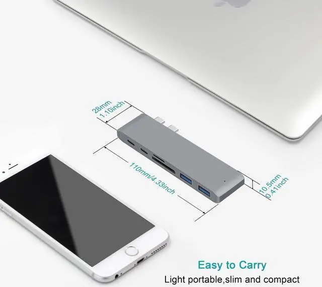 Alt view image 5 of 7 - USB C Hub, 6 in 1 Aluminum Type C Hub Adapter, with 2*USB 3.0 Ports, 2*TF/SD Card Reader, 2*USB-C Thunderbolt 3 for MacBook Pro 13? and 15? 2016/2017/2018 -Gray