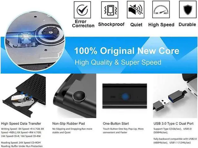Alt view image 2 of 7 - USB 3.0 External CD DVD Drive, Portable DVD/CD ROM +/-RW Drive Burner Rewriter for Windows 10/8/7, Mac, Linux Laptop Desktop, MacBook Pro/ Air, Black