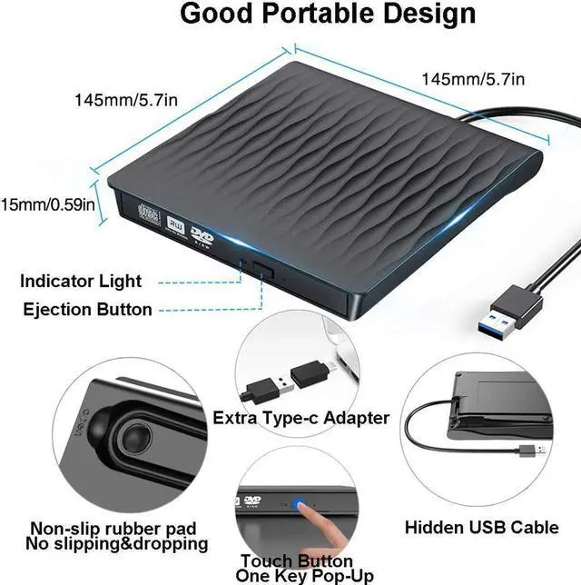 Alt view image 3 of 7 - USB 3.0 External CD DVD Drive, Portable DVD/CD ROM +/-RW Drive Burner Rewriter for Windows 10/8/7, Mac, Linux Laptop Desktop, MacBook Pro/ Air, Black
