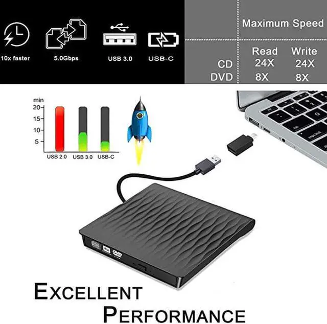 Alt view image 4 of 7 - USB 3.0 External CD DVD Drive, Portable DVD/CD ROM +/-RW Drive Burner Rewriter for Windows 10/8/7, Mac, Linux Laptop Desktop, MacBook Pro/ Air, Black