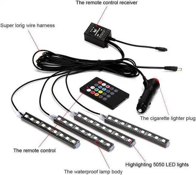Alt view image 3 of 7 - RCF Automotive LED Decor Strip Light, 4pcs 48SMD DV 12V Car Multi-color Music LED Interior Lighting, Car Decorative Lights, With Sound-activated And Remote Control, Car Charger Included