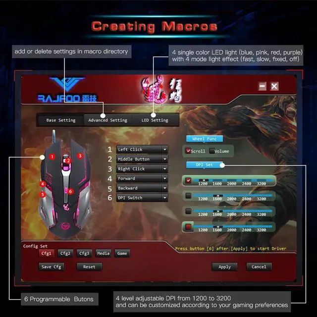 Alt view image 4 of 7 - RAJFOO  Crazy Scorpion  Gaming Mouse Wired [3200 DPI] [Programmable] [Breathing Light] Ergonomic Game USB Computer MiceGamer Desktop Laptop PC Gaming Mouse, 7 Buttons for Windows 7/8/10/XP Vista Linux