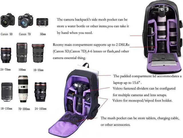 Alt view image 5 of 7 - BRINCH Camera Backpack Camera bag in Purple for DSLR SLR Cameras , Laptops ,Tripod and Accessories